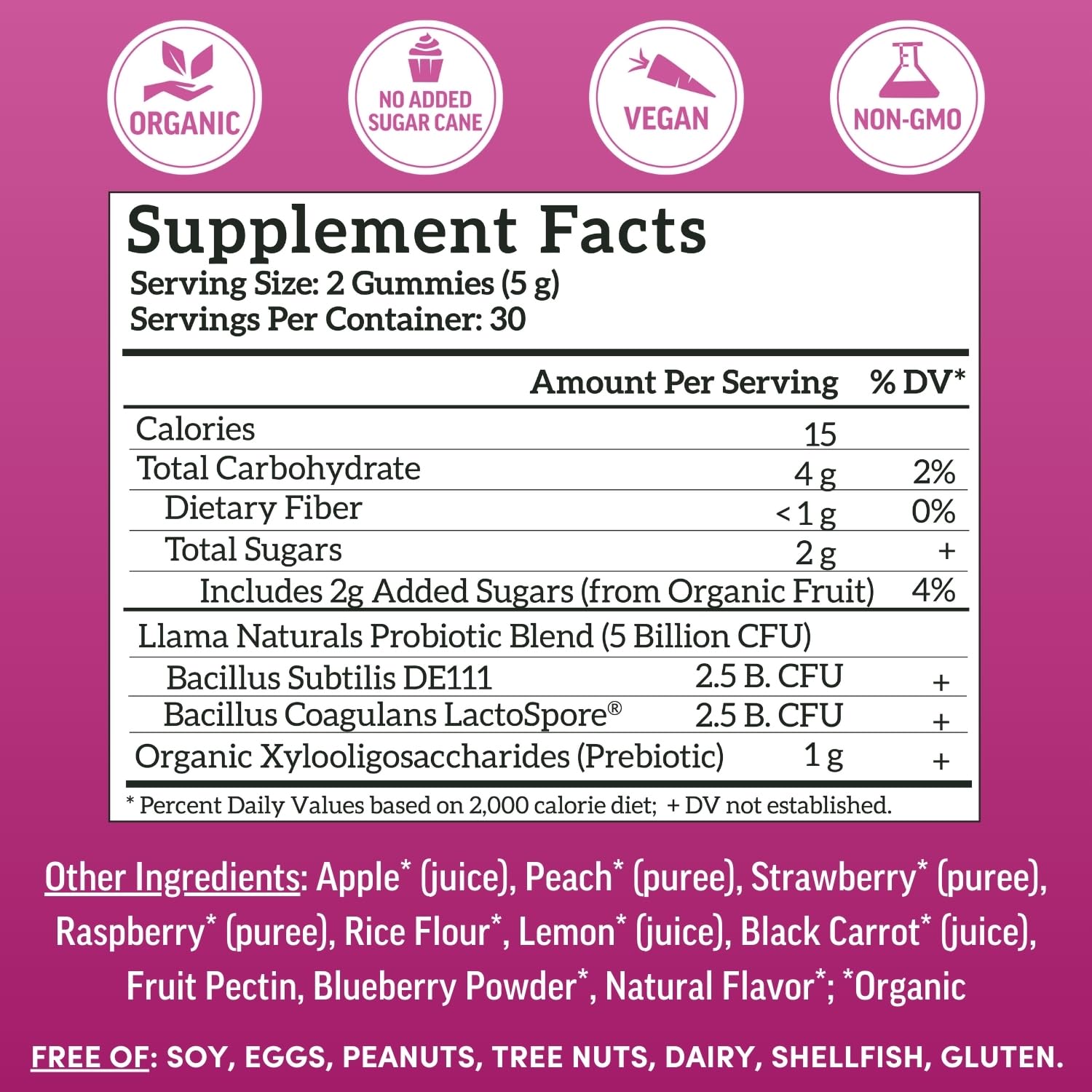 Llama Naturals vegan probiotic gummies closeup with real fruit taste