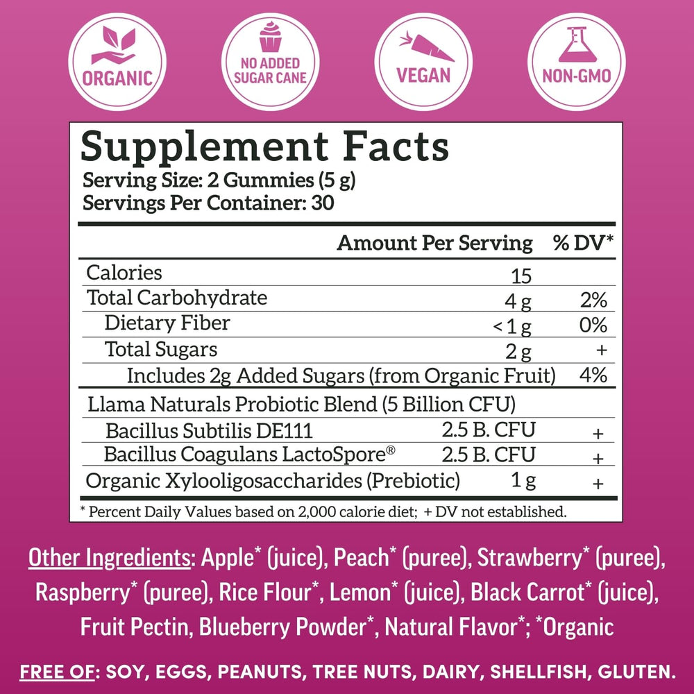 Llama Naturals vegan probiotic gummies closeup with real fruit taste