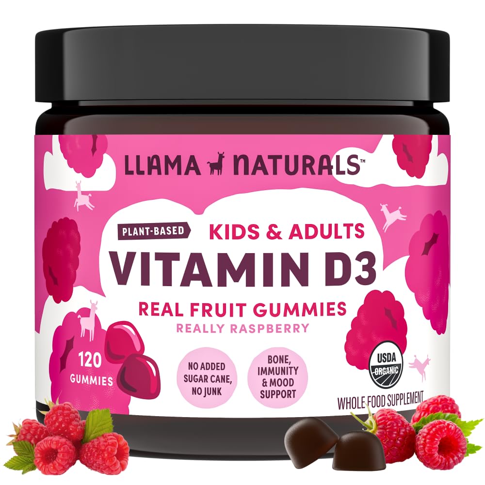 Llama Naturals Vitamin D3 gummies in raspberry, convenient bone support for adults and kids.