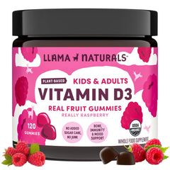 Llama Naturals Vitamin D3 gummies in raspberry, convenient bone support for adults and kids.