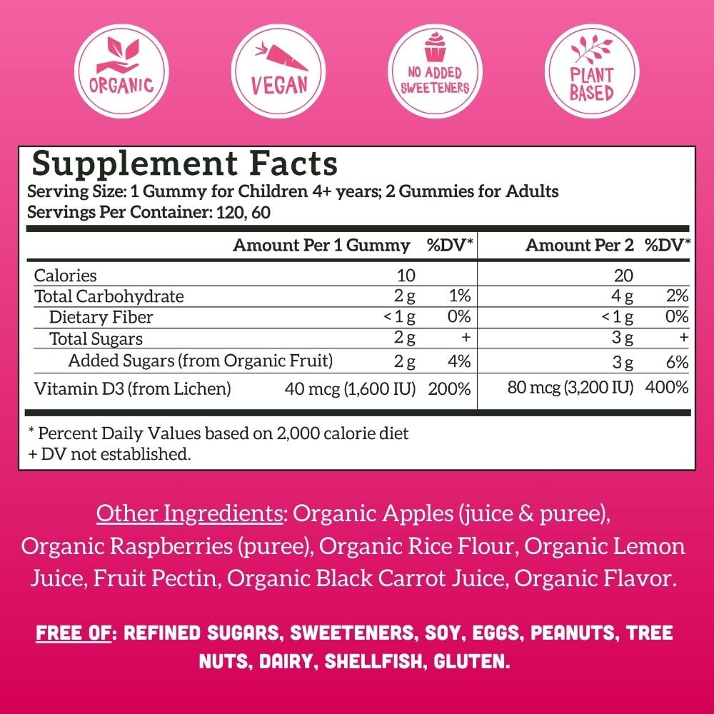 Llama Naturals Vitamin D3 gummies close-up showing real fruit texture and natural raspberry flavor.