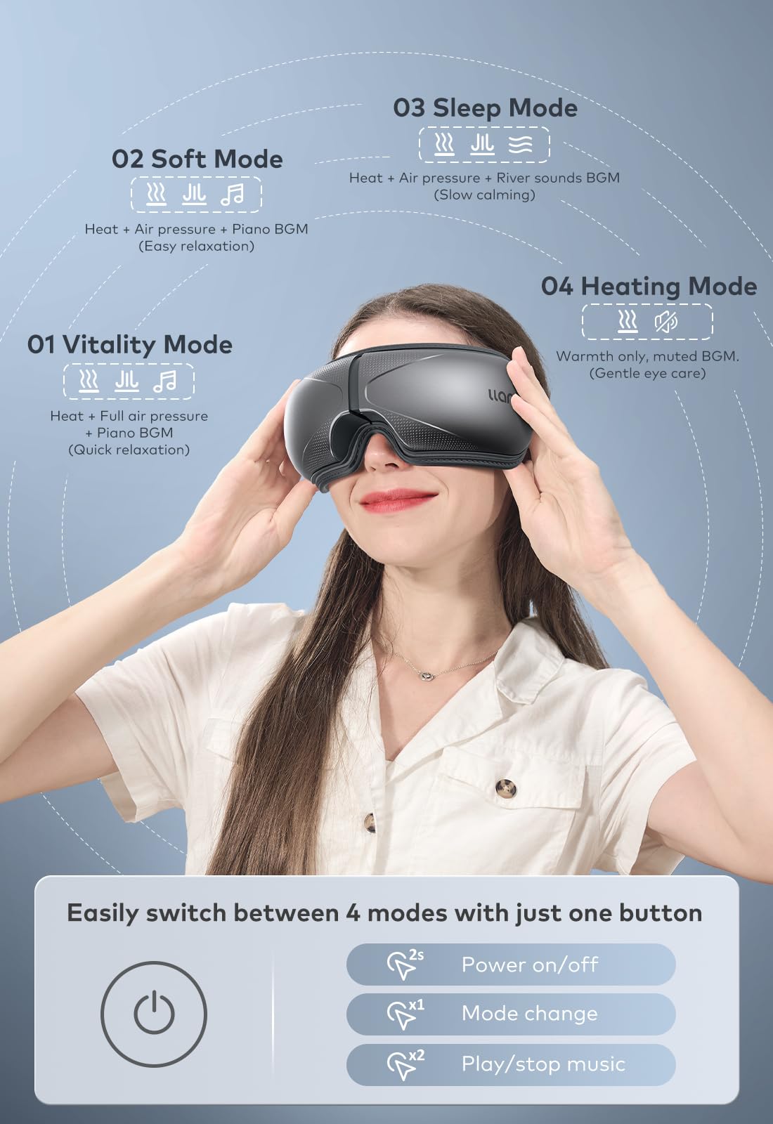 LLANO eye massager plays soothing music via built-in speakers.
