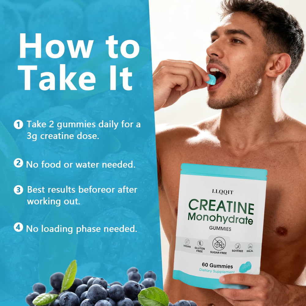 LLQQIT Creatine Monohydrate Gummies offer a gentle blueberry flavor that's enjoyable.
