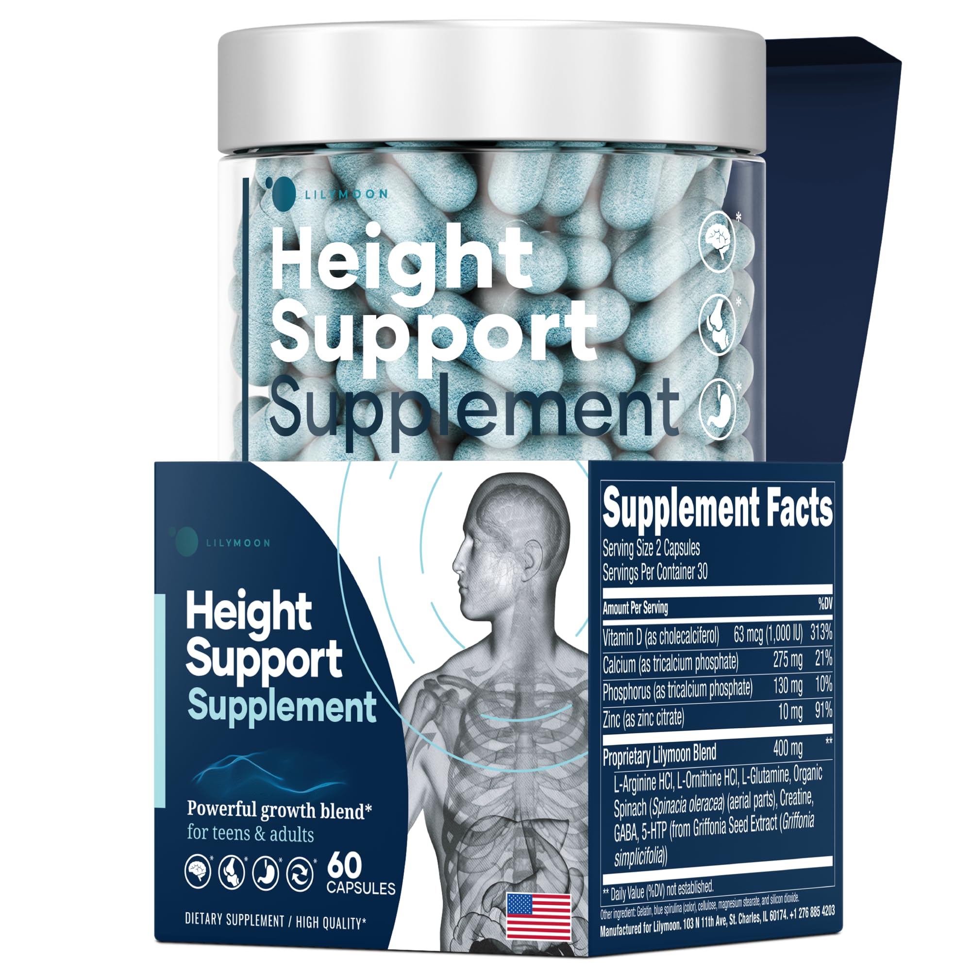 LM LILYNUTRAMOON Height & Bone Support capsules on a bottle, supporting growing bones