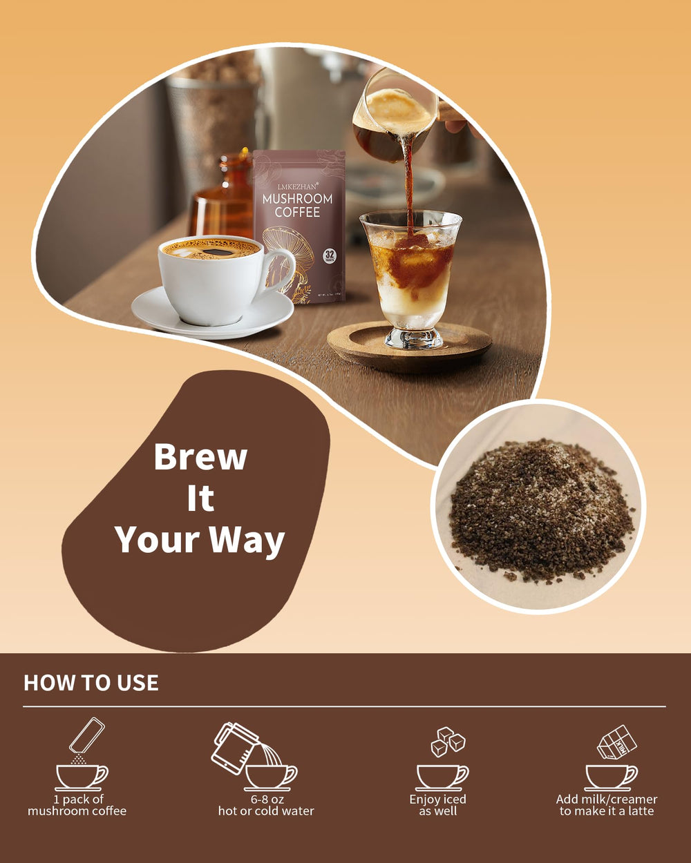 LMKEZHAN Mushroom Coffee cup-steaming image promises ready-to-serve enjoyment.