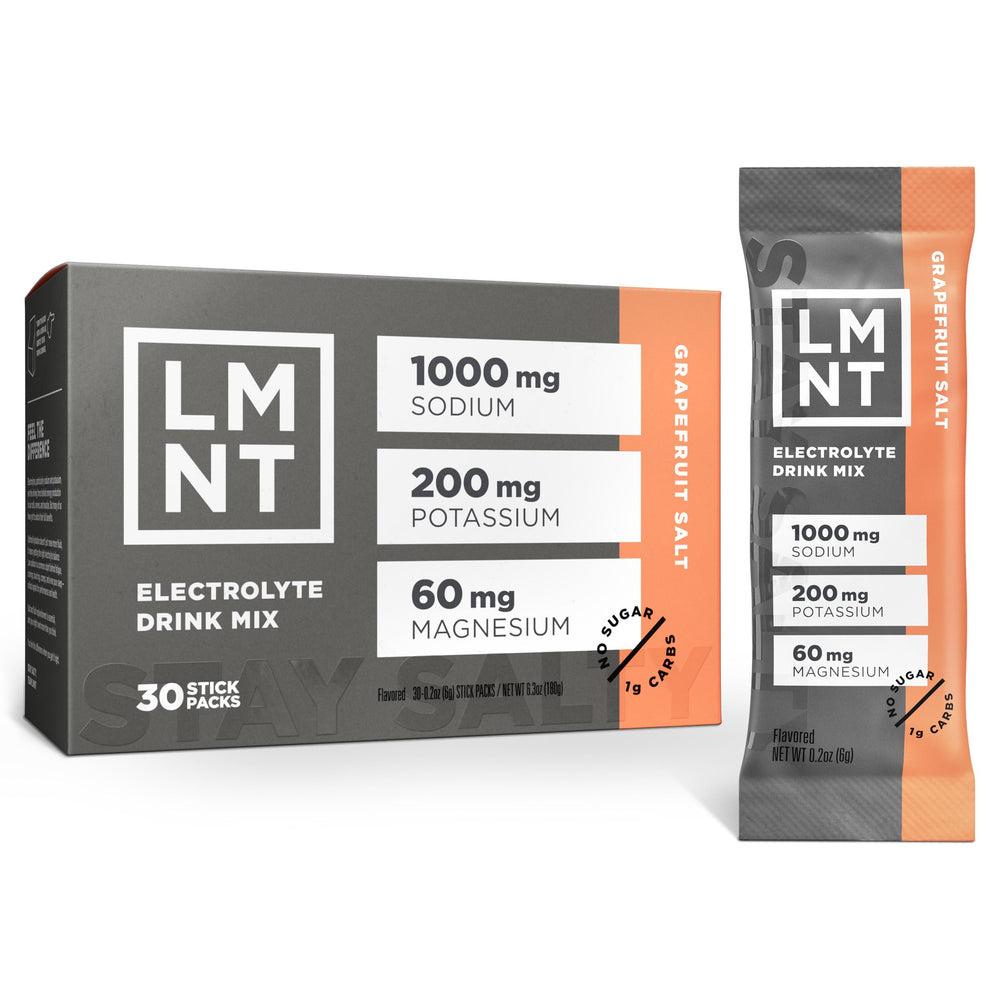 LMNT Grapefruit Salt stick-pack for on-the-go hydration during workouts.