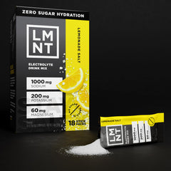 LMNT Lemonade Zero Sugar glass of water with electrolyte mix for refreshing hydration