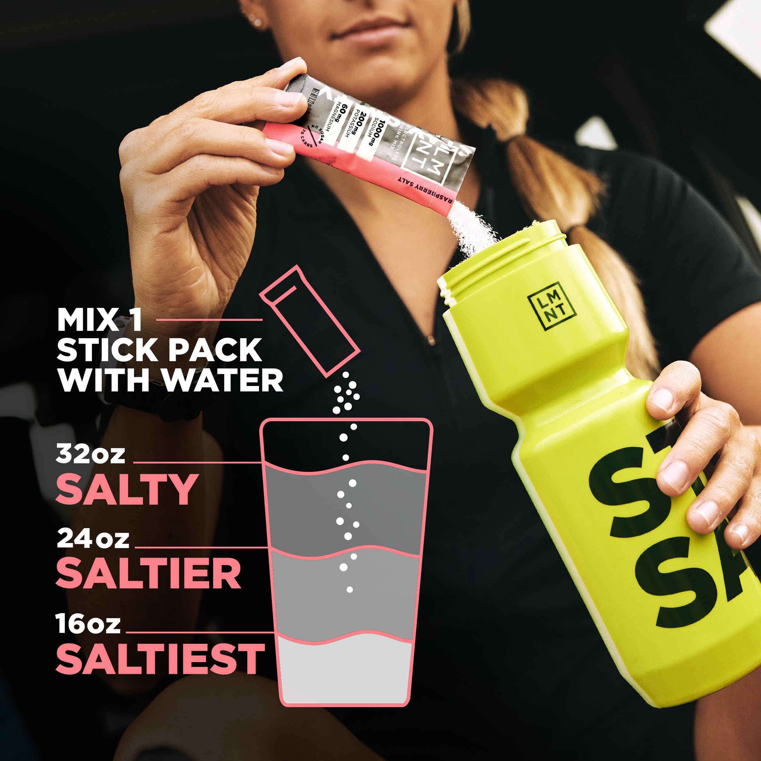 Drink LMNT more salt not less concept visual hint at optimal hydration.