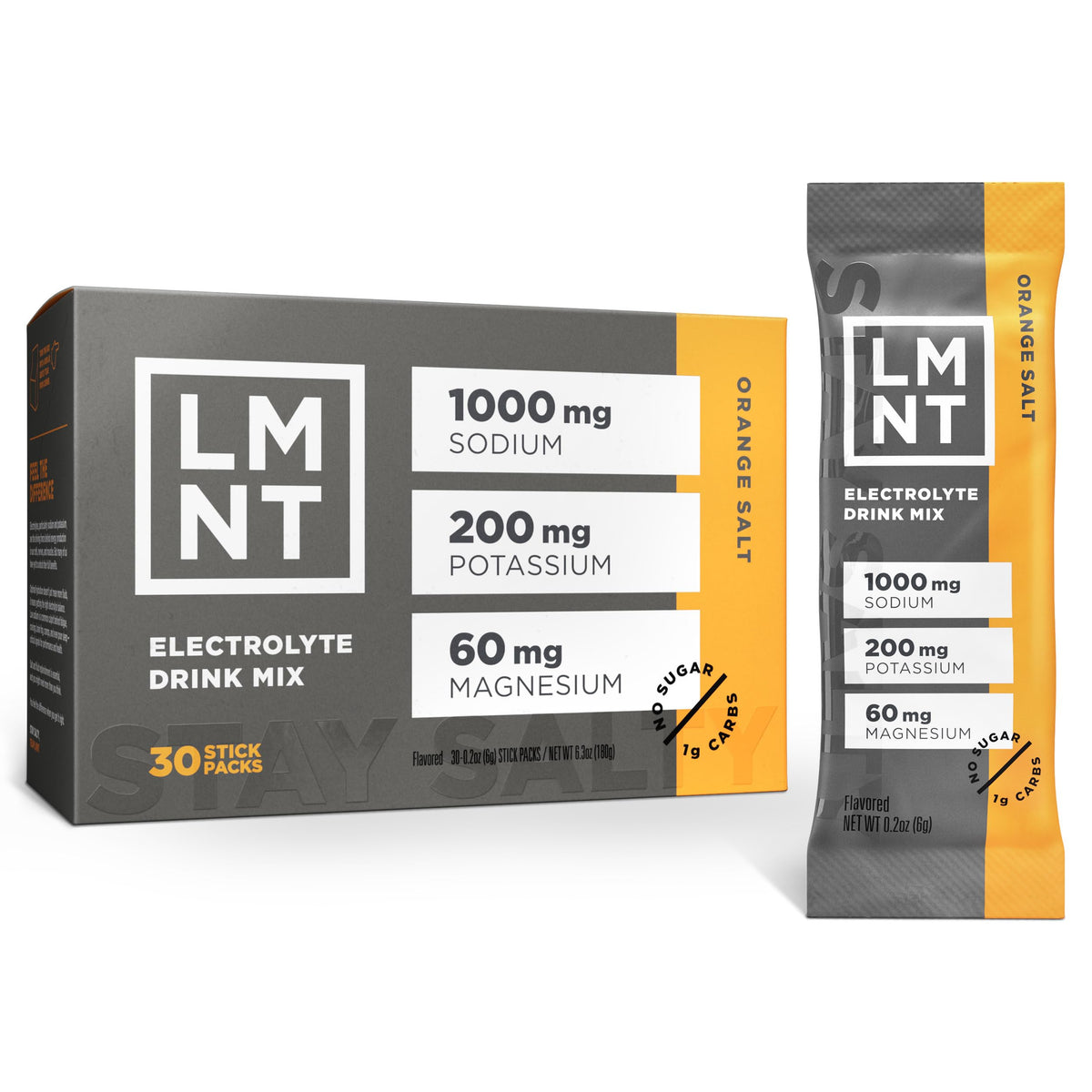 LMNT Orange Salt stick pack front view for on-the-go hydration during workouts