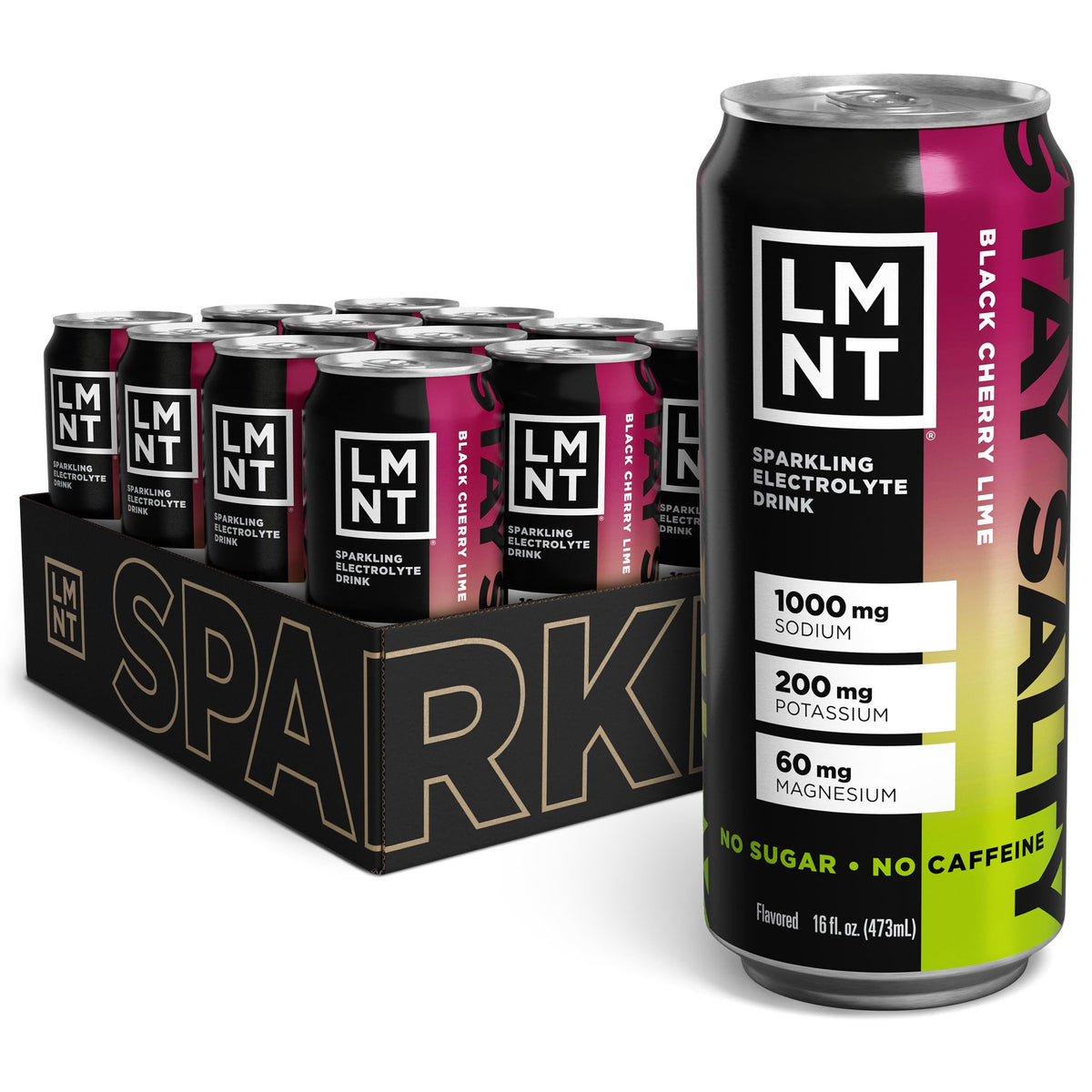 LMNT Sparkling Electrolyte Drink Black Cherry Lime can front view for on-the-go hydration.