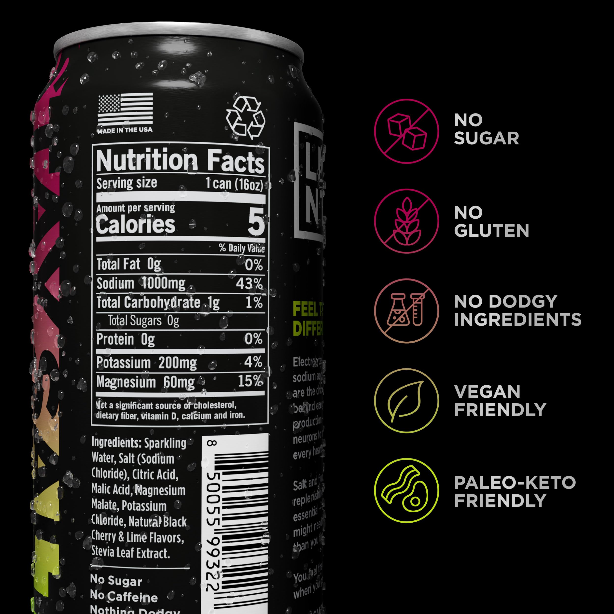 LMNT Sparkling Electrolyte Drink Black Cherry Lime poured into glass for post-workout refreshment.