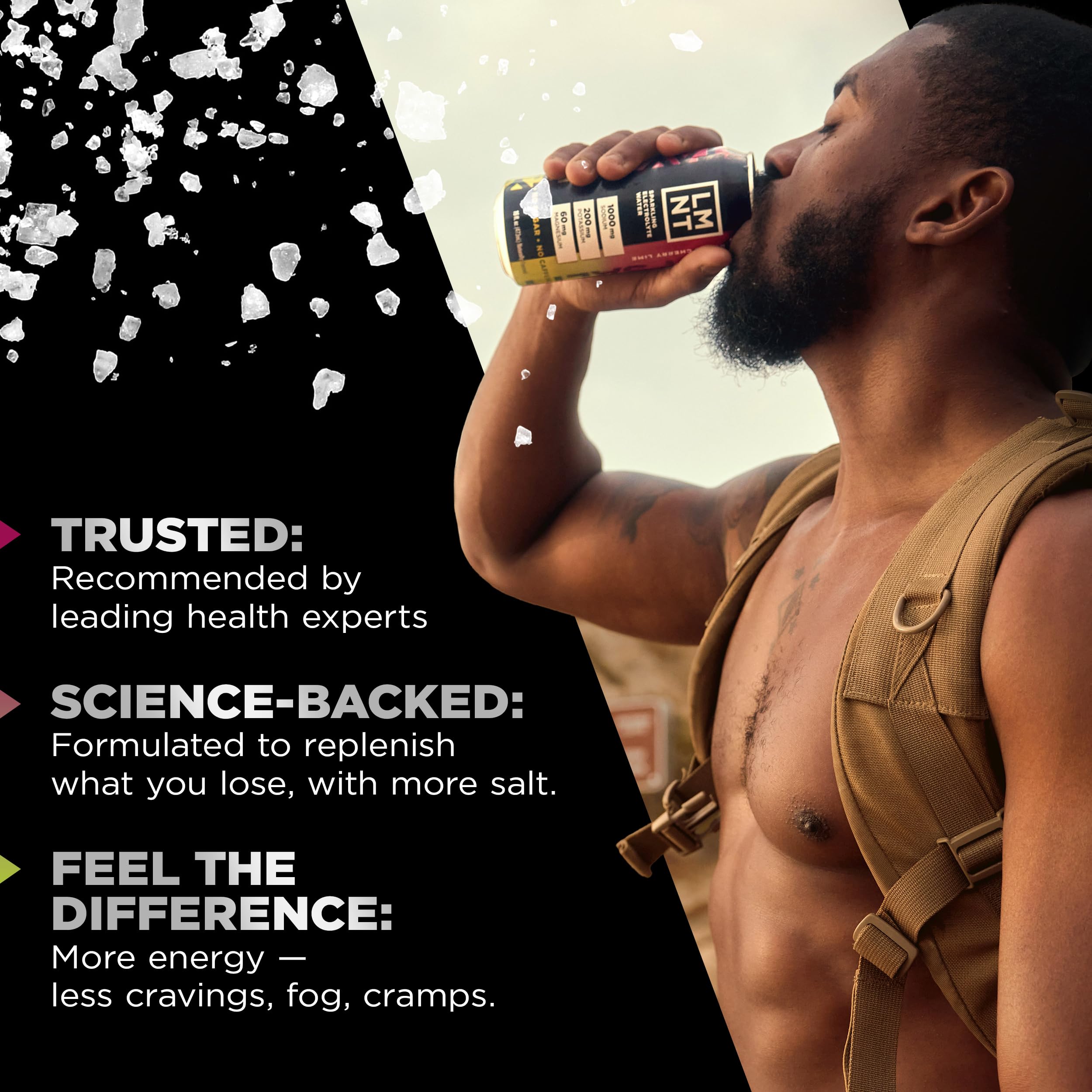 On-the-go LMNT bottle in sports bag suggests travel-friendly hydration option.