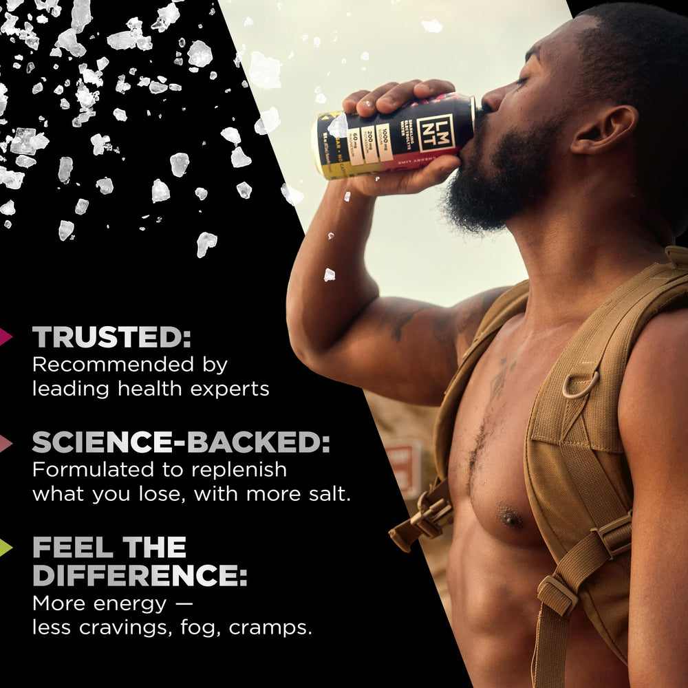 On-the-go LMNT bottle in sports bag suggests travel-friendly hydration option.