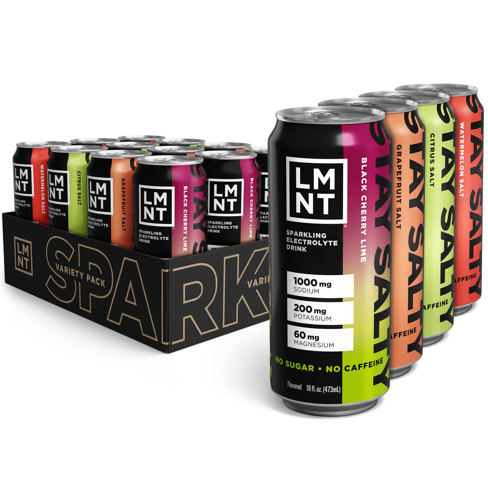 LMNT Sparkling variety-pack can front for zero sugar hydration on the go.