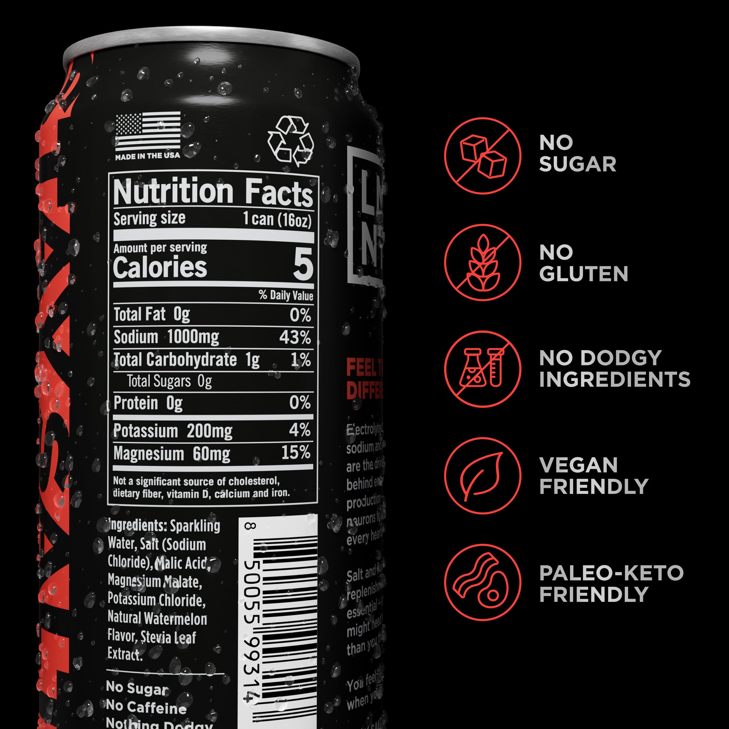 LMNT Sparkling Watermelon Can closeup enhances during workouts with clean electrolytes.