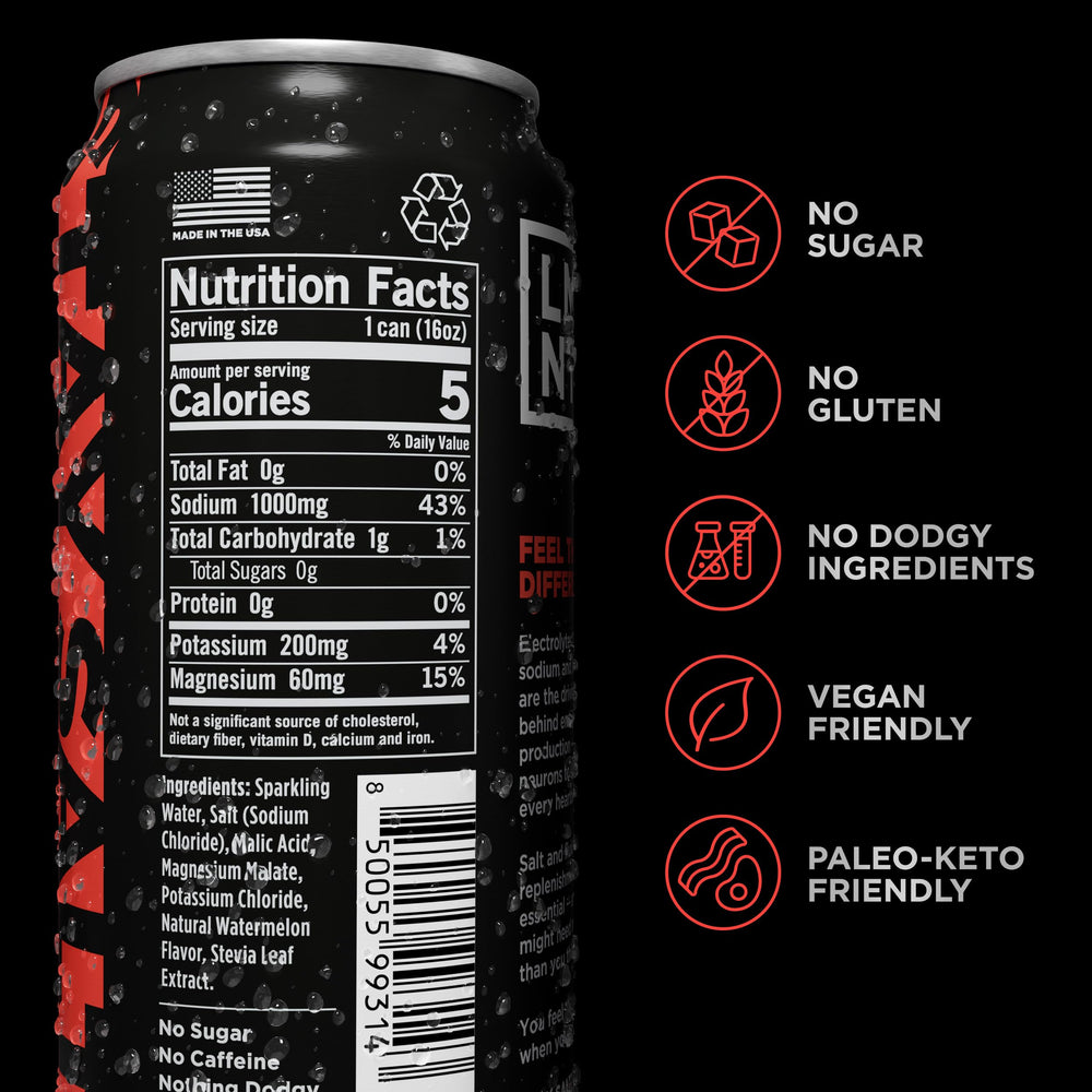 LMNT Sparkling Watermelon Can closeup enhances during workouts with clean electrolytes.