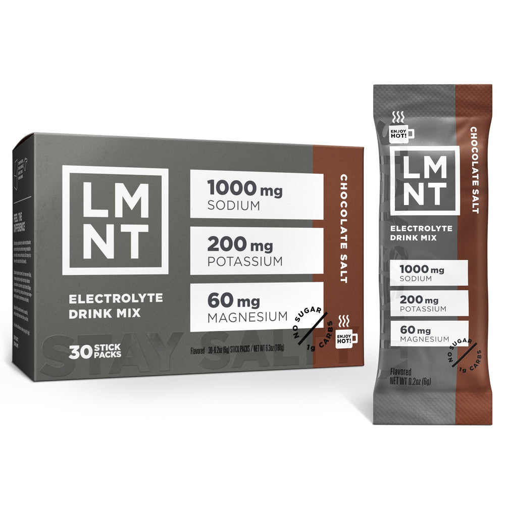 LMNT Zero Sugar Hot Chocolate packet front view for a sugar-free cozy treat.