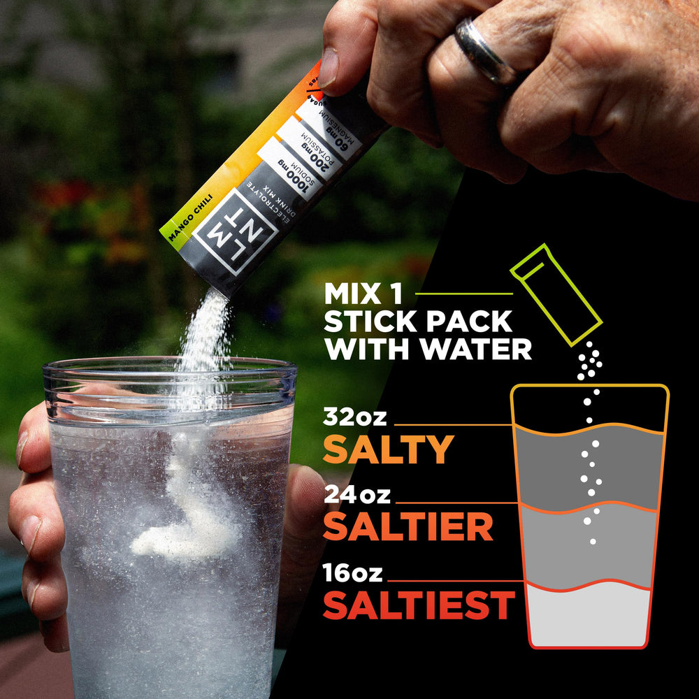 Active lifestyle scene featuring LMNT Mango Chili Salt for hydration.