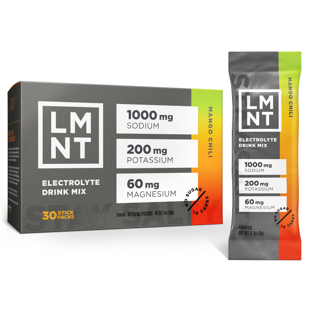 Drink LMNT Mango Chili Salt stick pack for on-the-go hydration.
