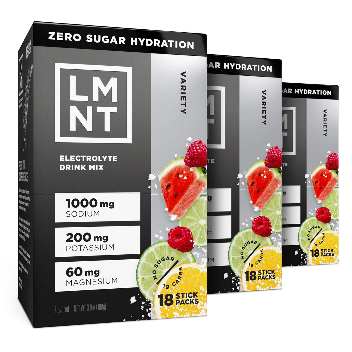 Drink LMNT zero sugar variety pack box with 54 electrolyte sticks for on-the-go hydration.