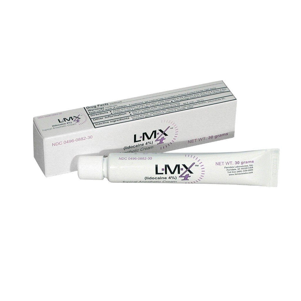 LMX4 lidocaine pain relief cream 30g tube back label shows directions and ingredients