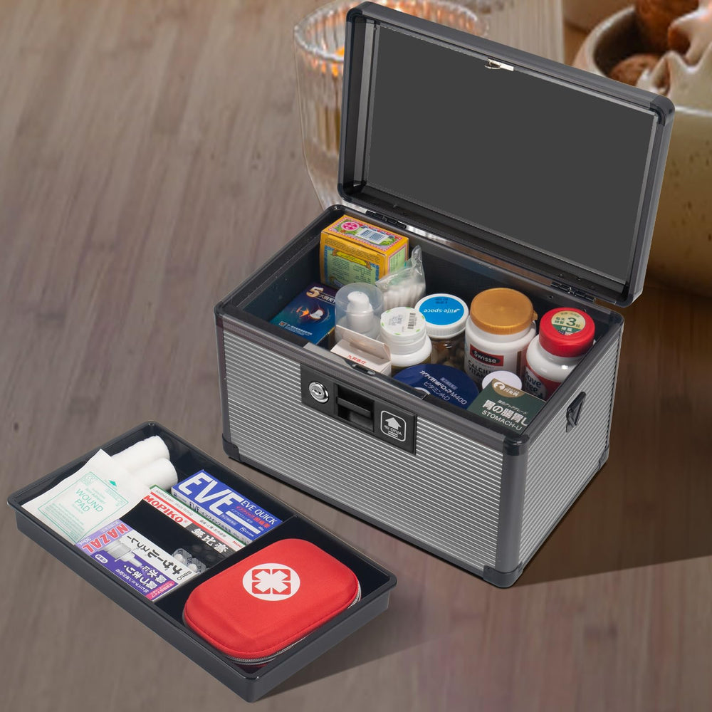 Lockbako lock box with four sizes displayed for versatile medicine organization.