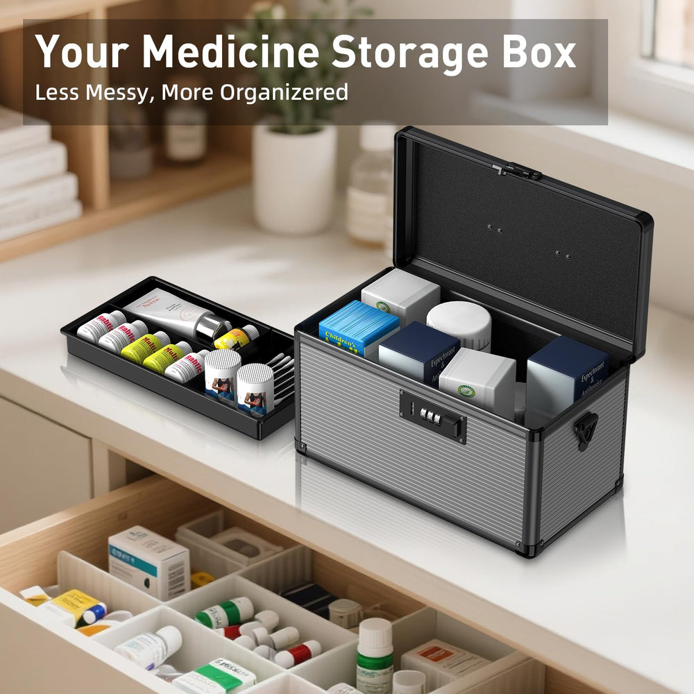 Lockbako medicine lock box durable aluminum-MDF construction for longevity