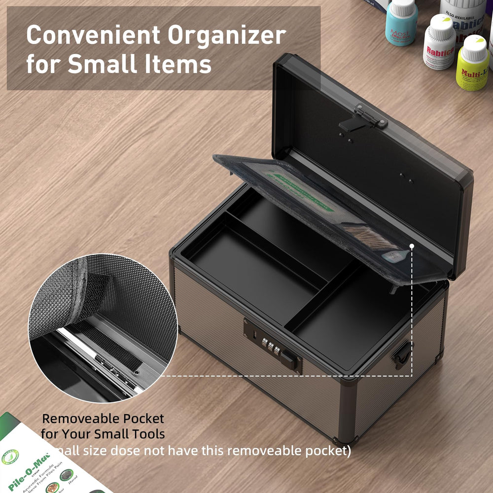 Durable aluminum alloy and MDF construction protects contents in Lockbako box.
