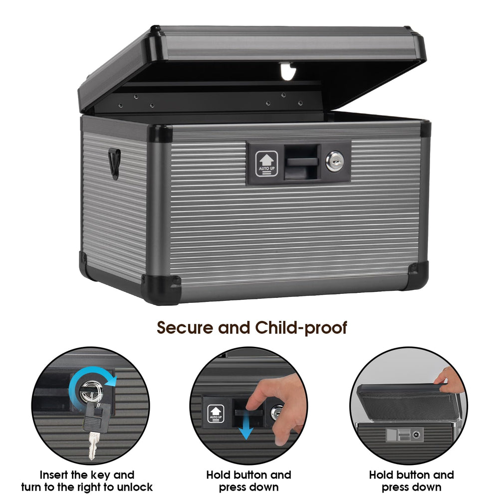 Lockbako portable lock box with top handle for indoor and outdoor use.