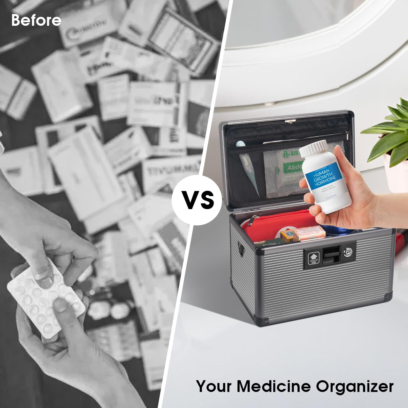 Lockbako open medicine lock box interior with compartments for pills and first aid items.