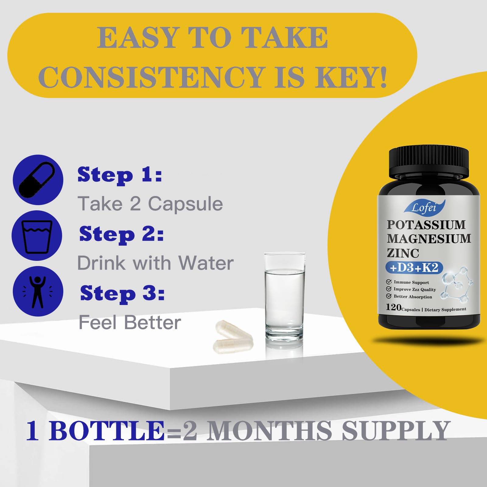 Lofei bottle showing a 2-month supply of vegan capsules