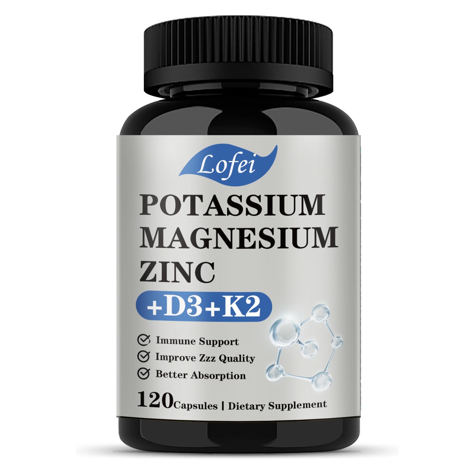 Lofei bottle with potassium, magnesium, zinc, D3 and K2 capsules for enhanced absorption