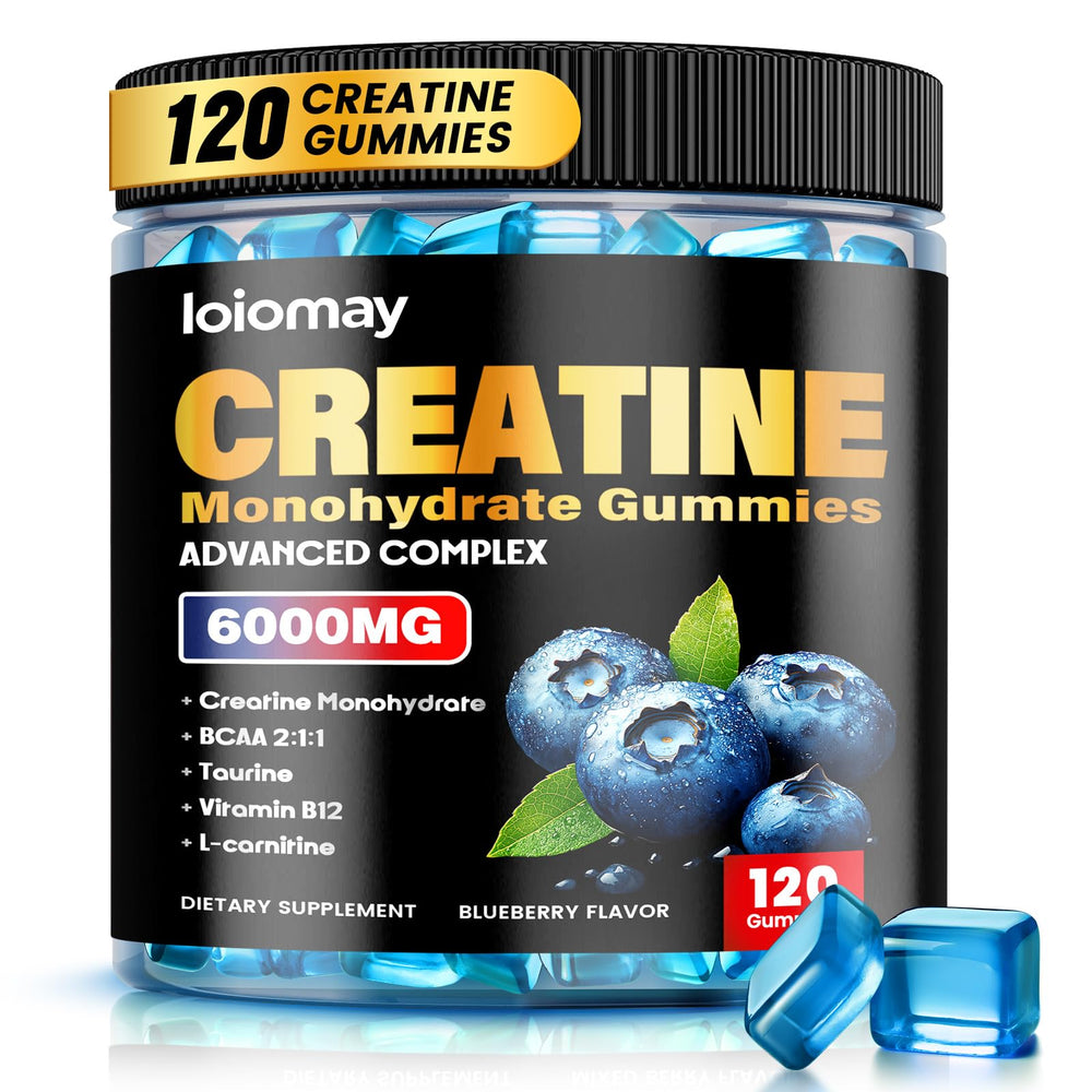 Loiomay Creatine Monohydrate Gummies bottle with blueberry flavor for workout energy.