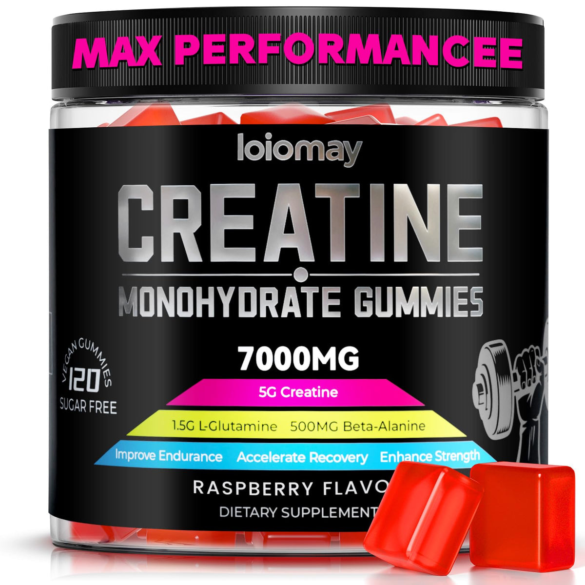 Loiomay Creatine Monohydrate Gummies bottle displaying 120 servings for daily use