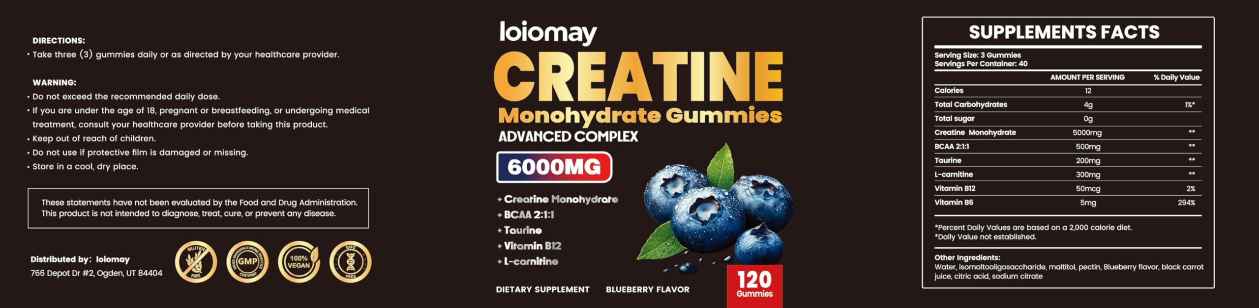 Loiomay vegan gluten-free gummies with clear ingredients panel.