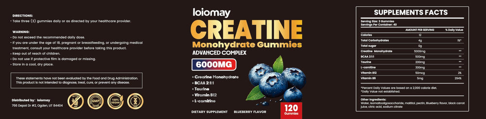 Loiomay vegan gluten-free gummies with clear ingredients panel.