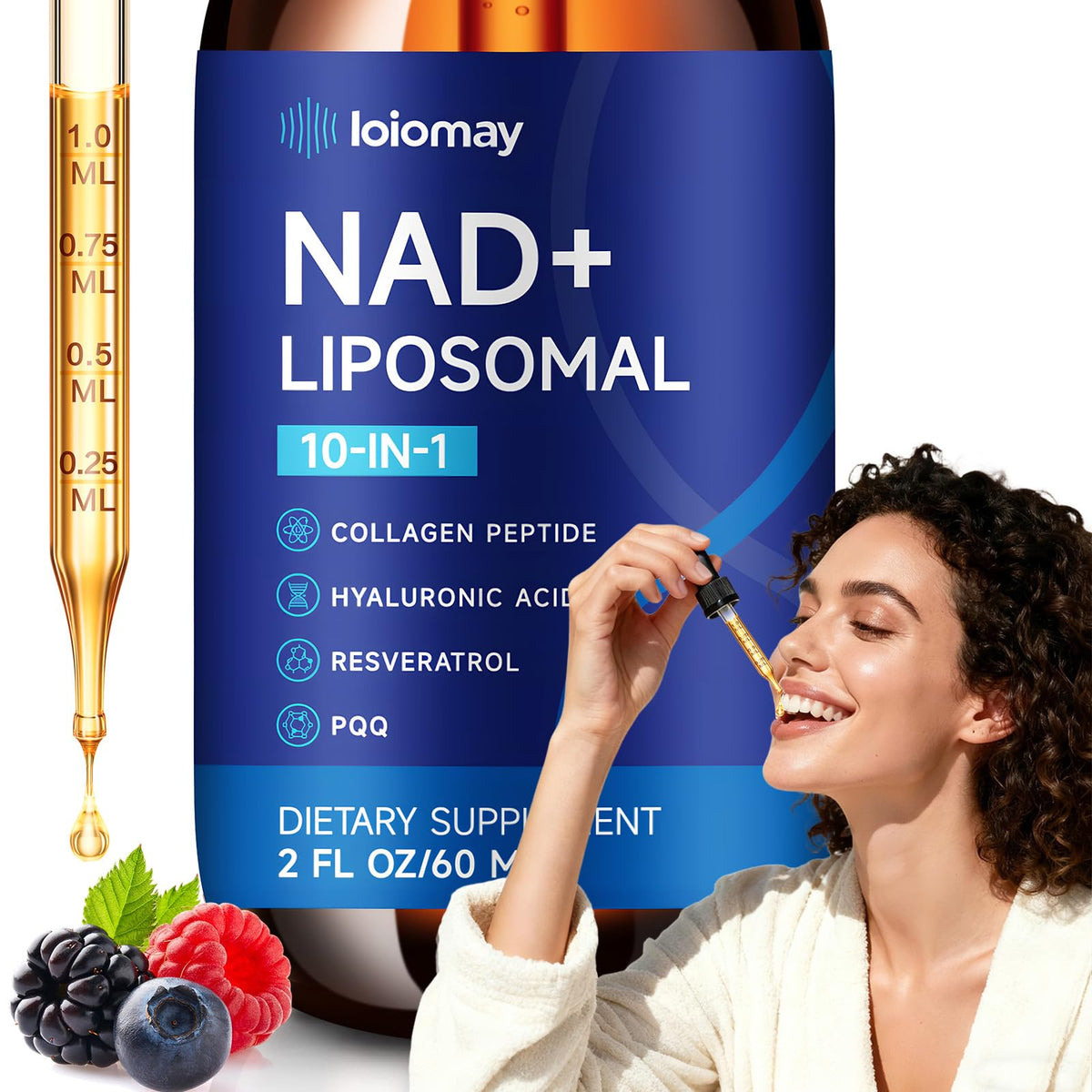 loiomay Liposomal NAD+ drops bottle on a clean counter for daily energy support