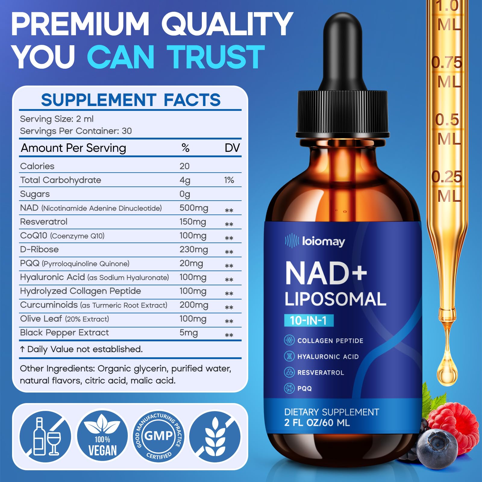 Close-up of dropper releasing NAD+ drops for easy dosing