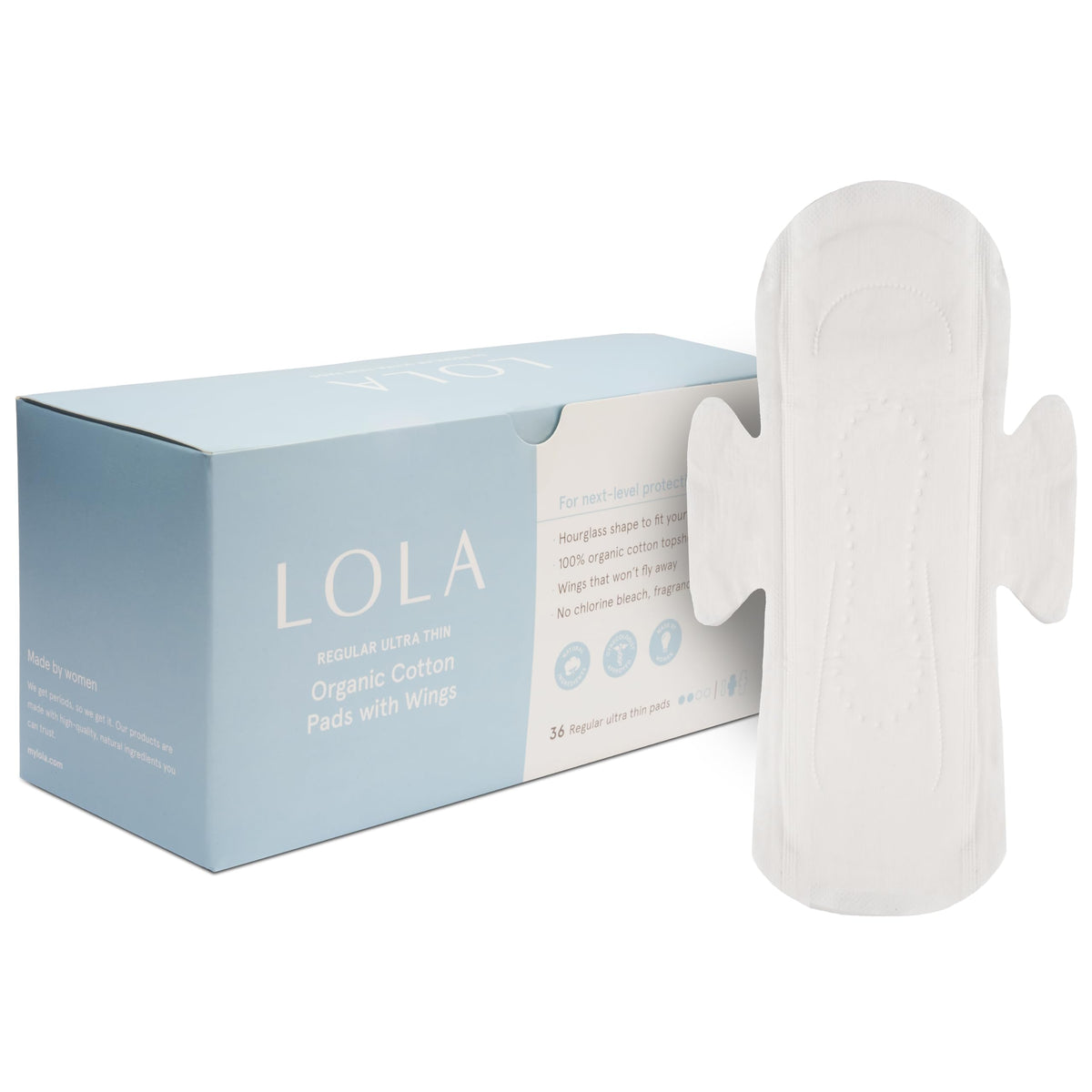 LOLA non-toxic cotton pad with wings provides secure, comfortable protection in daily wear.