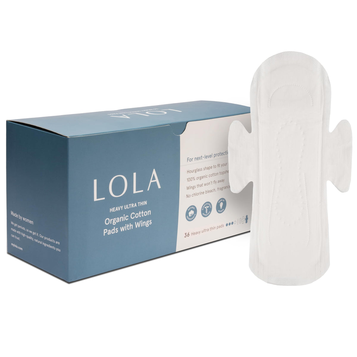 LOLA Organic Cotton Pads 36-count box front view, toxin-free daily protection.