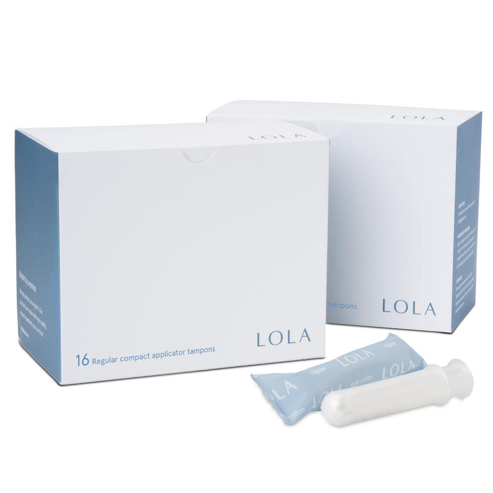 LOLA Organic Tampons with BPA-free applicator in front-box view for reliable regular absorbency.