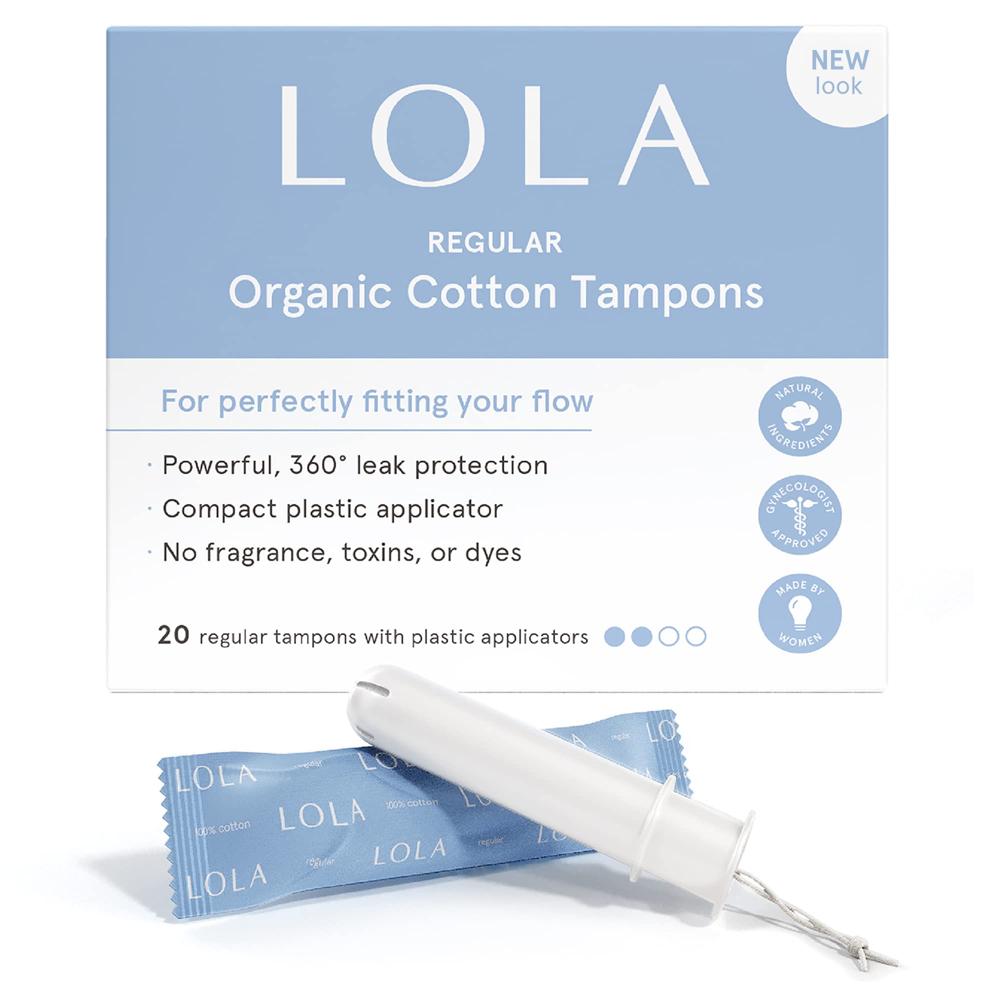 LOLA regular tampons box on shelf, 80-count for daily reliability.