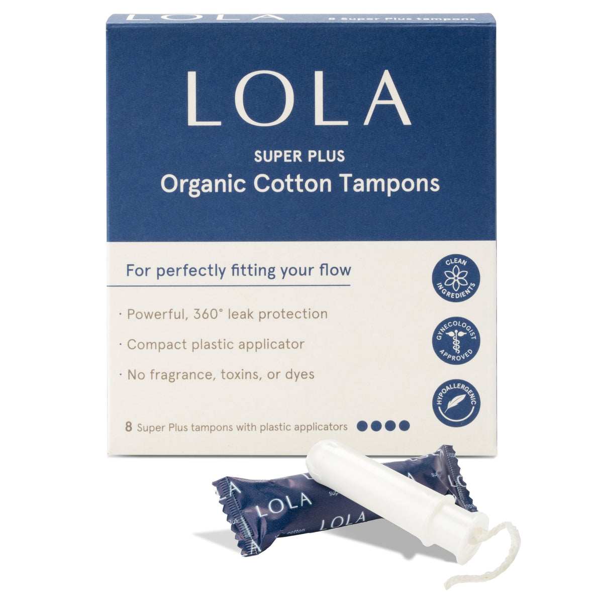 LOLA tampons with compact plastic applicator for easy insertion.