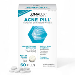 Loma Lux Acne Pills bottle front showing branding and clear skin support