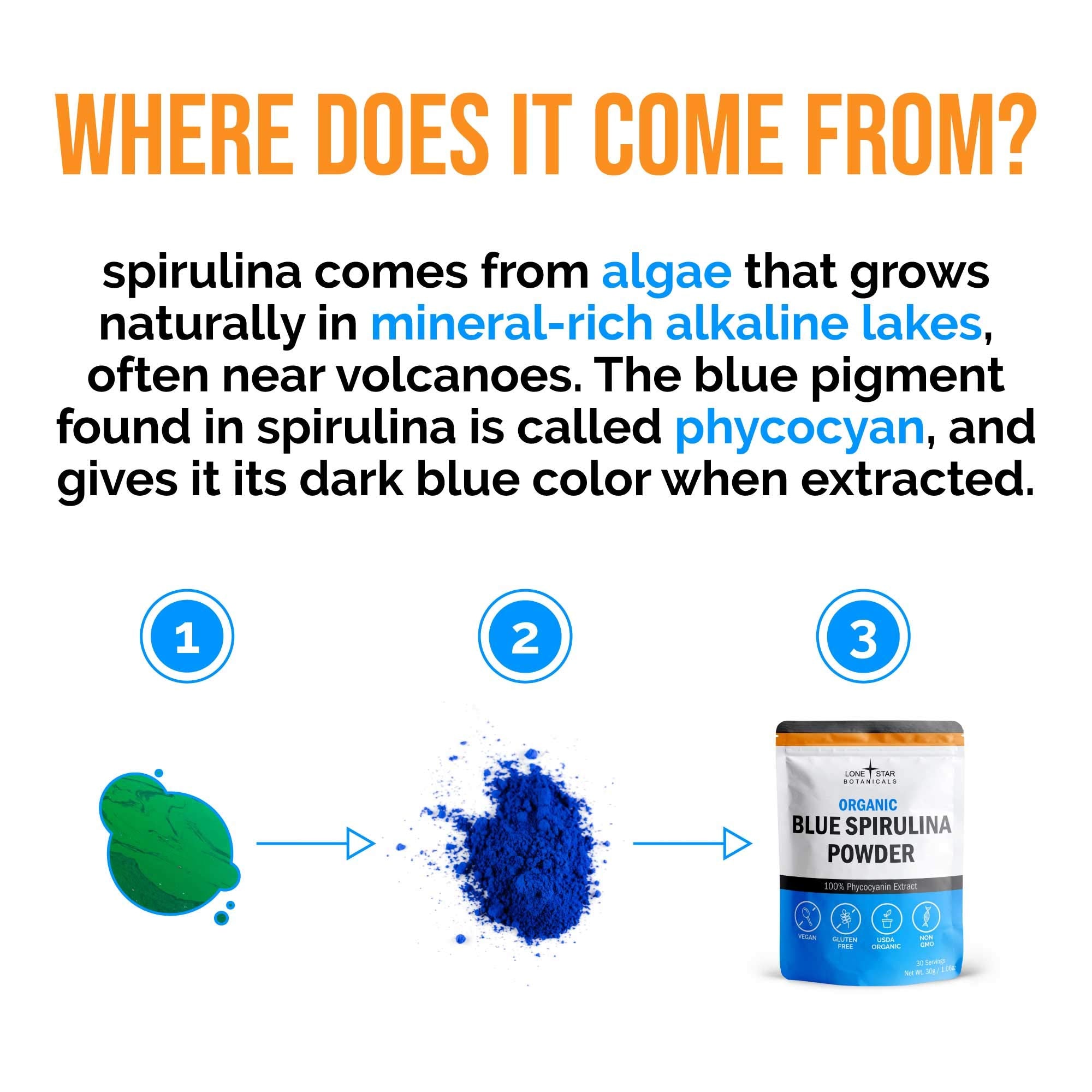 Lone Star Botanicals blue spirulina color swatch demonstrating natural coloring.