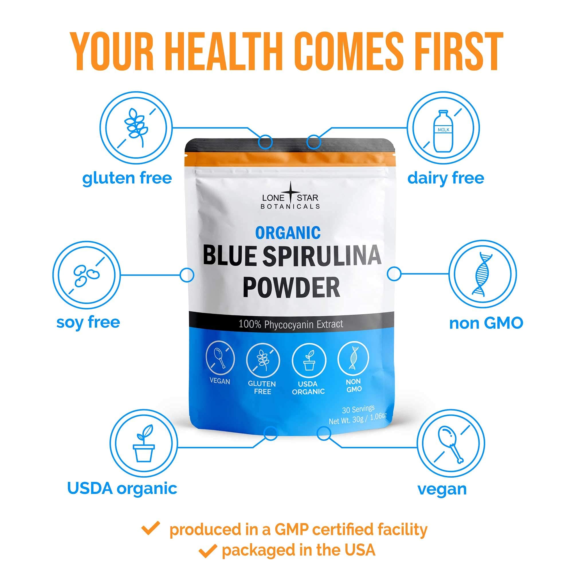 Lone Star Botanicals blue spirulina powder dissolving in a glass for a colorful drink.