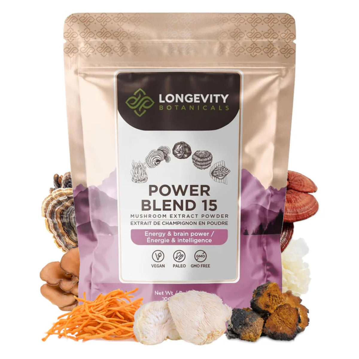 Longevity Botanicals Power 15 packaging indicates premium immune support blend.