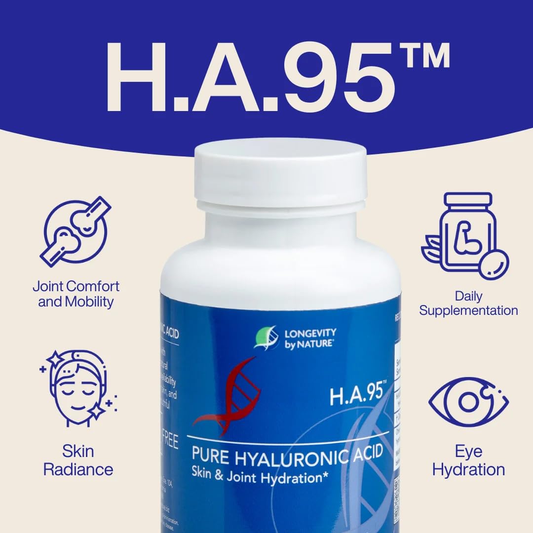 Longevity by Nature H.A.95 bottle back with ingredients for daily joint, skin and hair support.