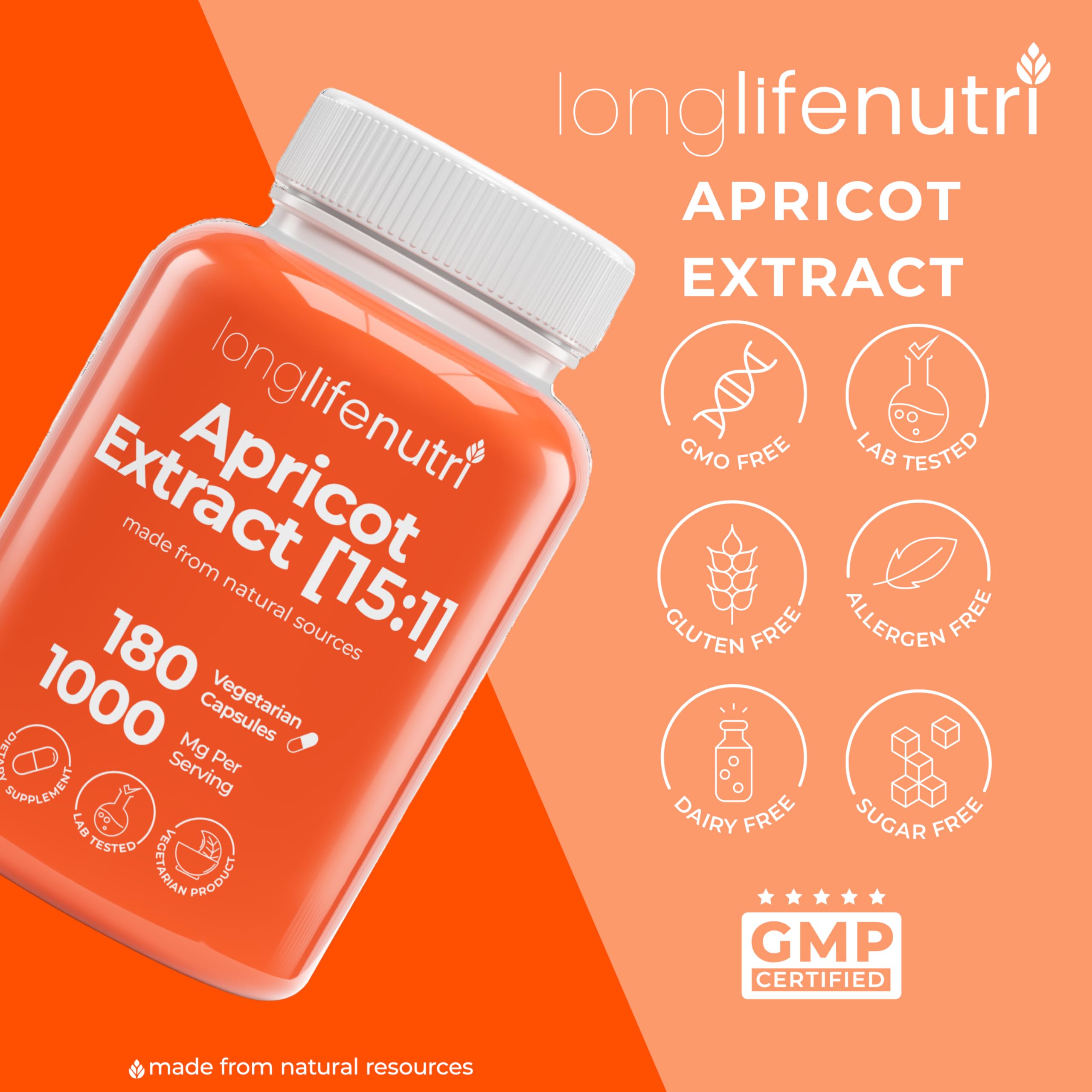 LongLifeNutri apricot extract 3-month supply with 180 capsules