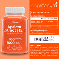 LongLifeNutri apricot extract capsules with 180 vegetarian capsules for daily use